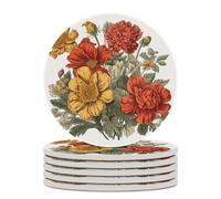 Red and Yellow Flowers Drink Coasters with Holder for Coffee Table,Ceramic Coaster with Cork Base,Ceramic Stone Coaster for Iced Cold Or Hot Drinks,4.1 Inches