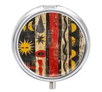 Red and Yellow Pattern Pill Box 3 Compartment Travel Pill Organizer 3 Times A Day Cute Mini Pill Case for Purse & Pocket Portable Metal Medicine Box with Mirror Round Daily Medicine Vitamin Container
