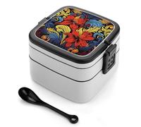 Red And Yellow Style Bento Box with Spoon & Handle - 2 Compartment Leak-Proof Stackable Lunch Box for Adults, BPA-Free Reusable Food Containers for Work, Travel, Picnic