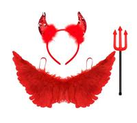 Red Angel Wings with Wand and Devil Horns Headband - Womens Halloween Costume Adult Set for Dark Fallen Angel Party Look