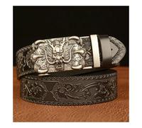 (Red antique silver buckle, 120cm) Men's Cowhide Automatic Buckle Belt with Embossed and Carved Genuine Leather