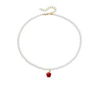 Red Apple Pearl Choker Necklace For Women Gold Sweet Adorrable Pearls Beaded Clavicle Chain Necklaces Lovely Handmade Green Leaf Pendant Fresh Cute Tropical Fruit Charm Summer Holiday Jewelry Gifts