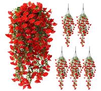 (Red) Artificial Hanging Flowers for Outdoors,5Pcs UV Resistant Faux Petunias,Long Vines Morning Glory Eucalyptus for Outside Planter Porch Patio Home Decor