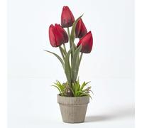 (Red) Artificial Tulips in Grey Decorative Stone Pot, 27 cm