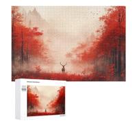 Red Autumn Forest with Deer Family Jigsaw Puzzle, 1000 PCS, for Adults And Families, Shared Puzzle Time for Family And Friends, at Home