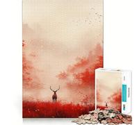 Red Autumn Forest with Deer Hard Jigsaw Puzzle for Adults 1000 Pieces Pure Logic Toy Home Activity Clean Cut Lovely Gift (50x75cm)