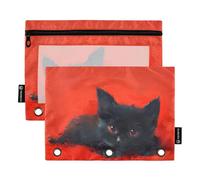 Red Background Black Cartoon Kitten Binder Pencil with Clear Window Plastic Pencil case Big Capacity Pockets 3 Hole Punched for School, Office & Home Multicolored 2 PCS