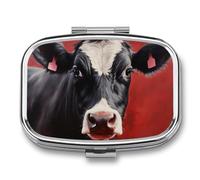 Red Background Cow Pill Box 2 Compartments Portable Travel Pill Case Mini Medicine Organizer for Pocket Purse Metal Waterproof Medicine Container Holder Vitamin Fish Oil