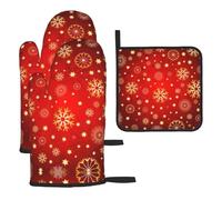 Red Background Golden Snow Print Oven Mitts And Pot Holders 3pcs Set,Heat Resistant 500°f Kitchen Gloves For Cooking Baking
