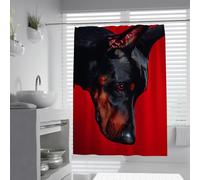 Red Background Shower Curtain Mysterious Watcher Dog Design Bath Curtain Waterproof Polyester for Modern Bathroom Machine Washable 150 x 180 cm