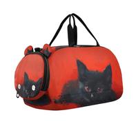 Red Background with A Black Cartoon Kitten Lying on It Small Gym Bag with Shoes Compartment Lightweight Kids Overnight Bag for Beach Swim Bags Pool Sports