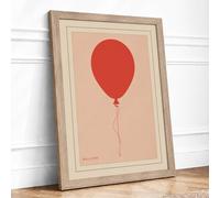 Red Balloon Rising Minimalist Framed Wall Art Print A4 Oak | Ready to Hang, Premium Gi Paper, Fade-Resistant Inks, Securely Packaged, UK Made