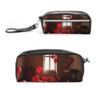Red Balloons in The Room Pencil Case Large Capacity Leather Pencil Pouch with Zipper, Portable Small Makeup Bag, Office Supplies Organizer for Women Men