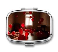 Red Balloons in The Room Pill Box 2 Compartment, Portable Pill Case with Mirror for Pocket Purse Travel, Mini Metal Medicine Organizer for Vitamins Fish Oil