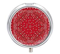 Red Bandana Print Traditional Asian Elements Paisley Floral Flowers Iron Pill Box Case Organizer with Internal Separate Plastic Dividers, Travel Small Medicine Bag Holder Carrier Round Container
