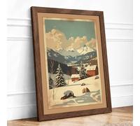 Red Barn in Winter Vintage Framed Wall Art Print A3 (42×29.7cm) Walnut, Wall Decor for Living Room, Bedroom, Office & Home, Ready to Hang, Art Gift