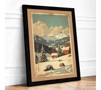Red Barn in Winter Vintage Framed Wall Art Print A4 (29.7×21cm) Black, Wall Decor for Living Room, Bedroom, Office & Home, Ready to Hang, Art Gift