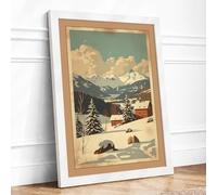 Red Barn in Winter Vintage Framed Wall Art Print A4 (29.7×21cm) White, Wall Decor for Living Room, Bedroom, Office & Home, Ready to Hang, Art Gift