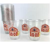 Red Barn Party Cups, 12 oz Clear Plastic, 24 Count, Farm Birthday Theme Design