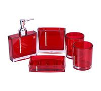 Red Bathroom Accessory Set - 5pcs Dispenser Set with Emulsion Bottle, Toothbrush Holder, Soap Dish and 2 Gargle Cups