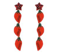 Red Beaded Pepper Dangle Earrings for Women, Long Bead 3 Chili Earring, Handcrafted Mexican Fiesta Festive Jewelry for Taco Tuesday Cinco De Mayo Chili Pepper Theme Party Gifts