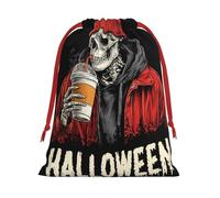 Red Beanie Jacket Skeleton Drinking Ice Coffee Soft Velvet Christmas Drawstring Bag Reusable Wrapping Sack Xmas Party Present Bag