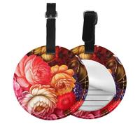 Red Beautiful Flower Print Luggage Tag Round Leather Luggage Tag Easy Identification & Privacy Protection for Suitcases Easy to Identify Privacy Cover Id Label