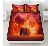 Red Bedspread Soft Microfibre Queen Fitted Sheet with 12 inch (30 cm) Deep Pocket - 152 x 200 cm + 2 x 50 x 80, Close-Up Fire Engines Flames Fantastical Fitted Sheet