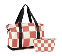 Red Beige Checker Plaid Tote Bag Large Carry On Bag with Toiletry Bag for Airplane Traveling Large Capacity, red beige checker plaid, One Size