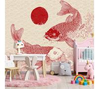 Red Beige Wall Mural Photo Wallpaper 98" x 69", HD 3D Japanese Koi Fish Wavy Pattern Print Non-Woven Photo Wallpaper, Modern Living Room Bedroom TV Backdrop Wall Decoration