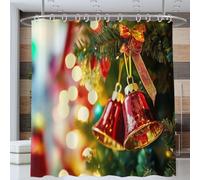 Red Bell Christmas Tree Shower Curtain 180 * 200cm, Christmas Theme Shower Curtain Washable Bathroom Curtain, Waterproof Polyester Multi-Colored Liner Long Bath Curtains with Hooks for Tub Hotel