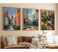 Red Benson A0 Triptych - 119×252 cm / 47×99 in - 3 Set of Sao Paulo Posters Travel Prints Art Botanical Decor Brazil