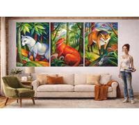 Red Benson A0 Triptych - 119×252 cm / 47×99 in - Franz Marc Expressionist Forest Animals Triptych Lion Wolf Fox Bold Color Planes (