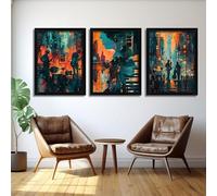 Red Benson A0 Triptych - 119×252 cm / 47×99 in - Jazz Cityscape Abstraction rhythmic urban energy vibrant skyline motion musical vi