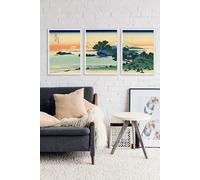 Red Benson A0 Triptych - 119×252 cm / 47×99 in - Katsushika Hokusai Edo Landscape Collection Triptych rivers bridges distant Fuji r
