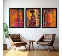 Red Benson A0 Triptych - 119×252 cm / 47×99 in - Klimt Style Abstract Female Portrait Prints Orange Pink Decorative Figuration Mode