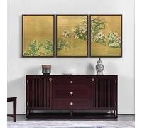 Red Benson A0 Triptych - 119×252 cm / 47×99 in - Tawaraya Sosetsu Autumn Flower plants early Rimpa decorative flora seasonal wildfl
