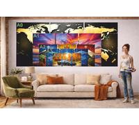 Red Benson A1 Triptych - 84×180 cm / 33×72 in - David Hockney Autumn Lake Mountain Reflections Dock Boats Colourful Triptych Contem