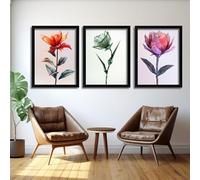 Red Benson A1 Triptych - 84×180 cm / 33×72 in - Floral Botanical Ensemble nature focused bloom studies balanced organic structure c