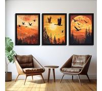 Red Benson A1 Triptych - 84×180 cm / 33×72 in - Geese Sunset Flight evening sky migration scene tranquil nature storytelling peacef