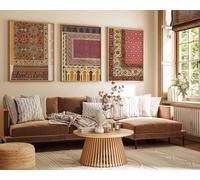 Red Benson A1 Triptych - 84×180 cm / 33×72 in - Islamic Manuscript Geometry Triptych Sacred Calligraphy Panels Inspired by Medieval