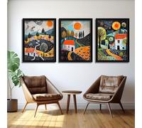 Red Benson A1 Triptych - 84×180 cm / 33×72 in - Paul Klee Abstract Landscape Triptych poetic geometry subtle color fields dreamlike