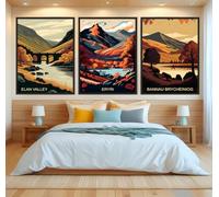 Red Benson A1 Triptych - 84×180 cm / 33×72 in - Welsh Place Names Triptych Autumn Travel Typography Set Cymru Locations Poster Prin