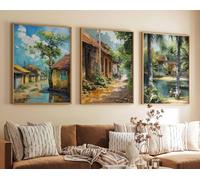 Red Benson A2 Triptych - 60×126 cm / 24×49.5 in - 4 Set of 3 Vietnam Posters Floral Prints Decor Vietnamese Travel Art Asian