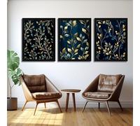 Red Benson A2 Triptych - 60×126 cm / 24×49.5 in - Blue Gold Vine Botanical climbing foliage study sapphire gilded contrast elegant
