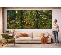 Red Benson A2 Triptych - 60×126 cm / 24×49.5 in - Henri Rousseau Tropical Jungle Dream Triptych Naive Botanical Density Exotic Flow