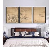 Red Benson A2 Triptych - 60×126 cm / 24×49.5 in - Kano Tanyu Winter Fishing Village Scenery Edo master mood snow village and boats