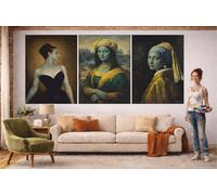 Red Benson A2 Triptych - 60×126 cm / 24×49.5 in - Vladimir Tretchikoff Reimagined Triptych Mona Lisa Madame X Girl with Pearl Earri