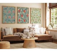 Red Benson A2 Triptych - 60×126 cm / 24×49.5 in - William Morris Symmetrical Birds Triptych Folk Nature Ornament Medieval Floral Ge