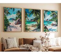 Red Benson A3 Triptych - 42×90 cm / 16.7×35.4 in - 2 Set of 3 Anse Source d Argent Beach Travel Prints Seychelles Posters